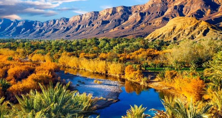 Paysage vibrant avec une rivière traversant un feuillage aux couleurs automnales.