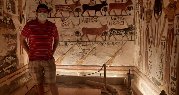 Persoon die staat in een kamer met oude Egyptische muurschilderingen.