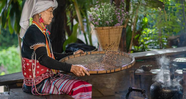 Femme de tribu des collines vêtue d'un costume traditionnel coloré qui tamise des fèves rôties avec un plateau tissé à côté d'un foyer fumant.
