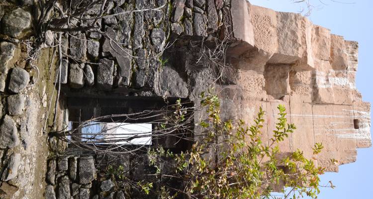 Oude stenen structuur met vegetatie.