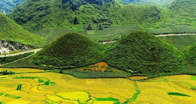 Vue aérienne d'une rivière sinueuse et de collines verdoyantes.