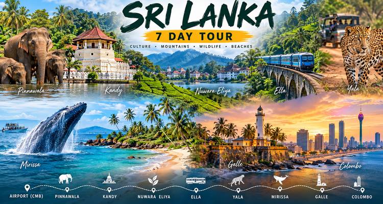 Kleurrijke promotionele afbeelding van een 7-daagse Sri Lanka-tour met foto's en routekaart.