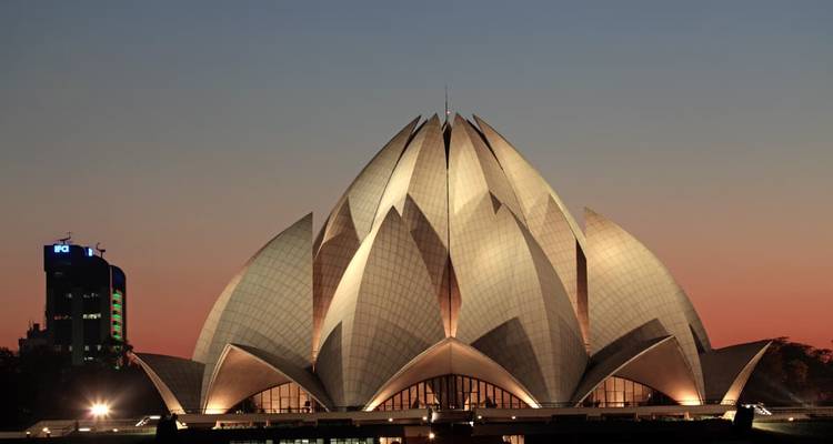 The Lotus Temple at sunset in New Delhi.