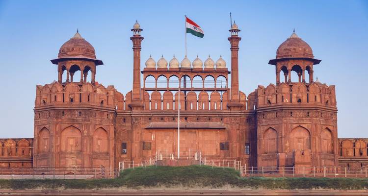 The Red Fort with the Indian flag prominently displayed in New Delhi.