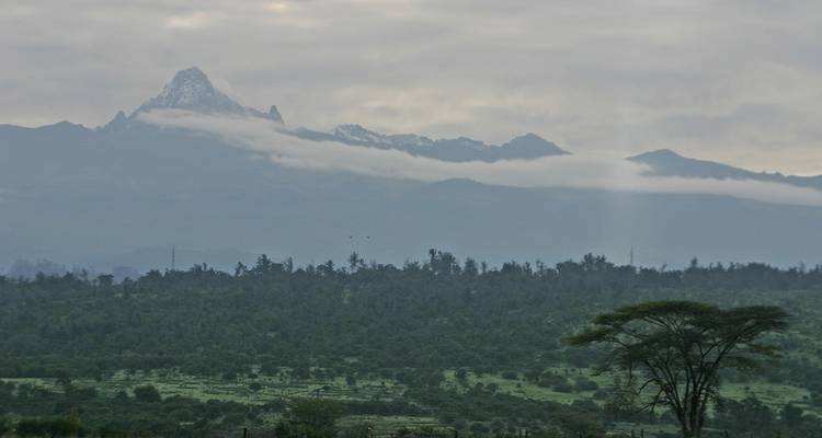 Een uitzicht op verre bergen met groen op de voorgrond en mist erboven.