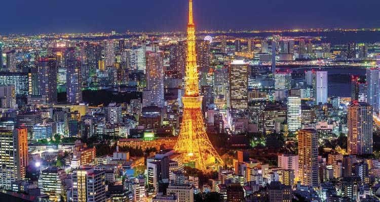 Vista panorámica nocturna de Tokio con la Torre de Tokio brillantemente iluminada elevándose entre el horizonte de la ciudad.