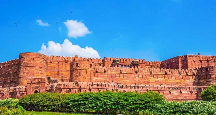 A wide view of Agra Fort against a clear sky.