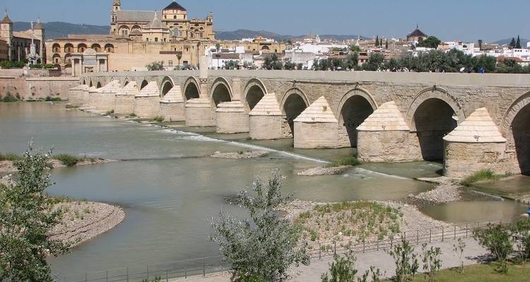 Un pont historique en pierre traversant une large rivière avec une ville en arrière-plan.