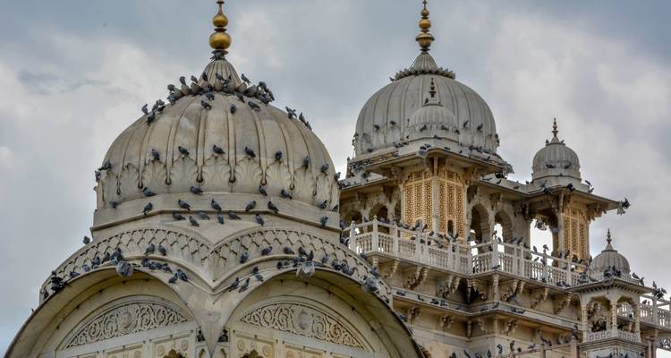 Verzierte Kuppeln mit darauf sitzenden Tauben vor einem bewölkten Himmel.