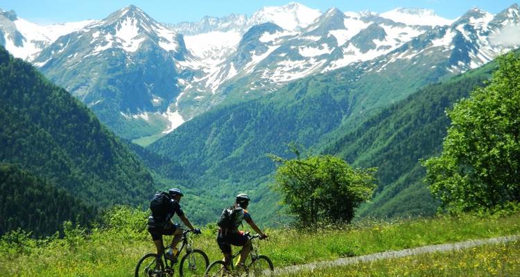 Deux cyclistes traversent un pré alpin luxuriant avec des pics enneigés imposants au-delà.