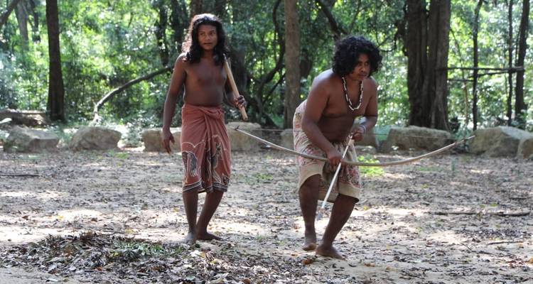 Twee mannen die bezig zijn met boogschieten in een bos.