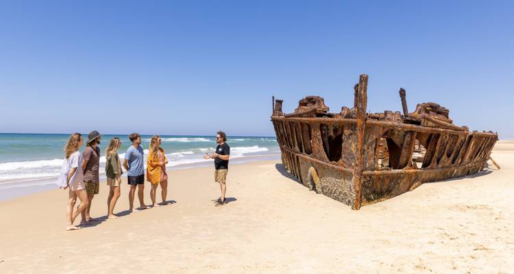 Groupe de touristes sur une plage regardant une épave de navire rouillée.