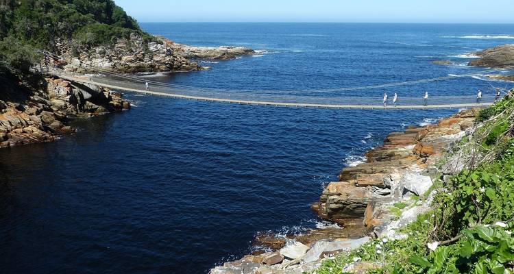 Pont suspendu au-dessus d'une mer bleu profond dans une zone côtière rocheuse.