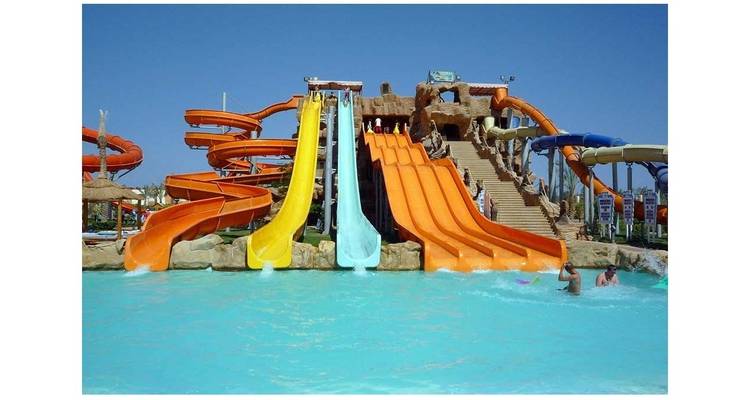 Colorful water slides and pools at a water park.