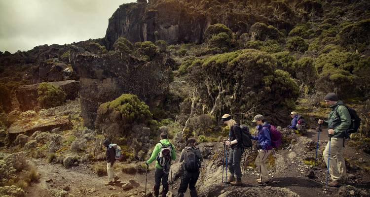 Wandelaars die door een ruw landschap trekken.