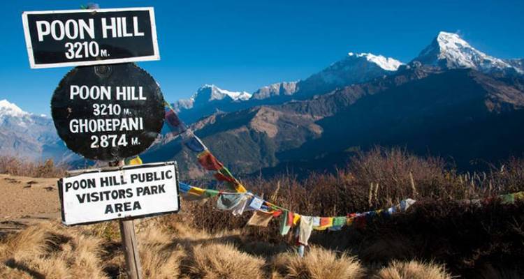Poon Hill signage with mountains in the background