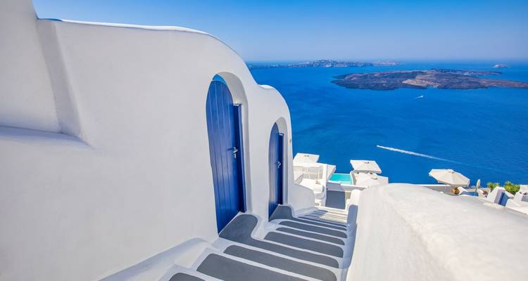 Traditional Cycladic architecture with a view of the sea.