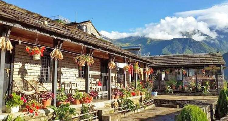 Een charmante berghut met stenen muren en bloemen onder een heldere hemel.