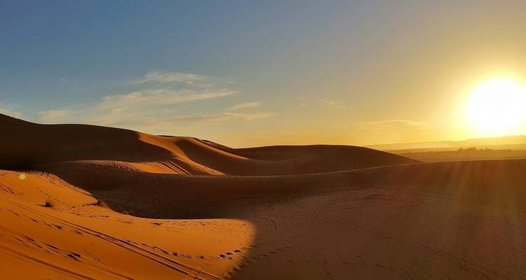 Sanddünen mit Sonnenlicht und klarem Himmel.
