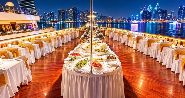 Tables de buffet élégantes disposées sur un bateau de croisière-dîner à pont en bois avec les lumières de la ville en arrière-plan.