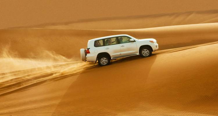 SUV driving up a sand dune in a desert setting.