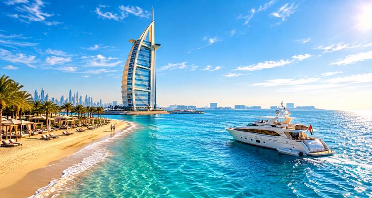 Playa virgen bordeada de palmeras junto a las aguas turquesas del Golfo, un yate de lujo y el hotel Burj Al Arab con forma de vela bajo un cielo azul brillante.