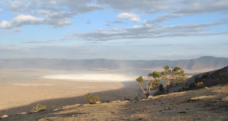 Distant salt pan seen from high vantage point.