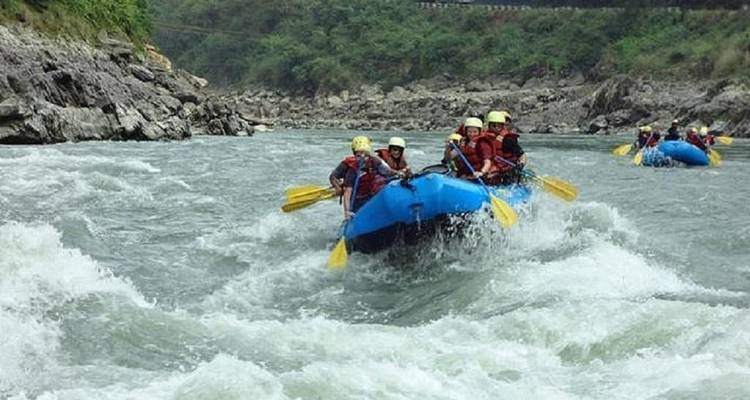 Rafters expertly maneuvering through white-water rapids.