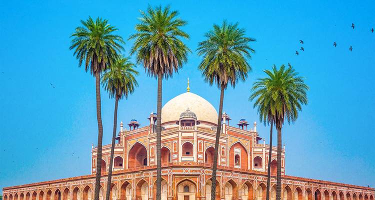La Tumba de Humayún con palmeras contra un cielo azul claro.