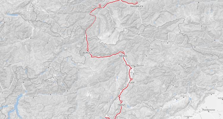 Overview map of a cycling route from Innsbruck to Lake Garda across the Alps.