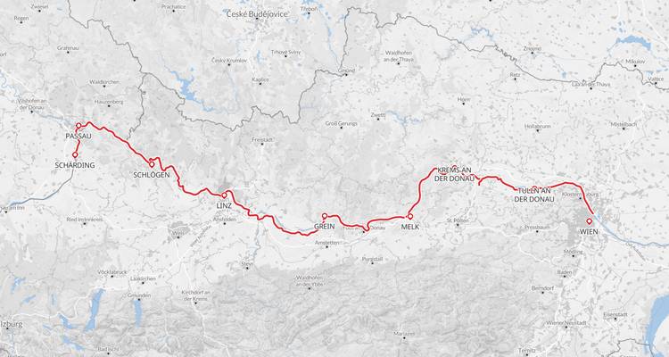 Carte détaillée montrant l'itinéraire cycliste le long du Danube de Passau à Vienne avec les villes marquées.