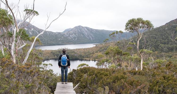 Person mit einem Rucksack, die auf einem Weg steht und auf einen von Bergen und Bäumen umgebenen See blickt.