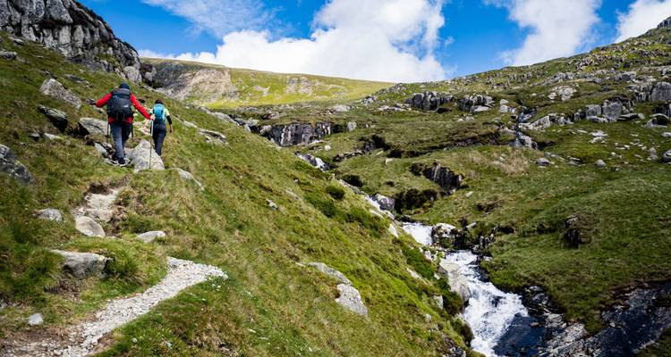 Wandelaars die een pad naast een beek verkennen.