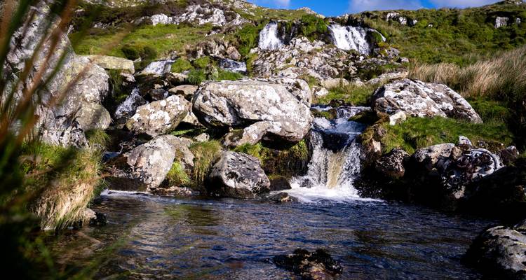 Een kleine waterval die over rotsen in een beekje stroomt.