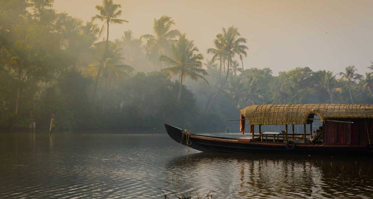 Een traditionele woonboot op een kalme rivier met palmbomen eromheen.