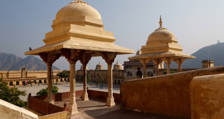 Amber fort with intricate carved stonework.