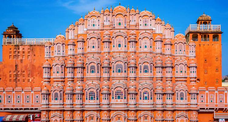 Facade of Hawa Mahal, a pink sandstone palace.