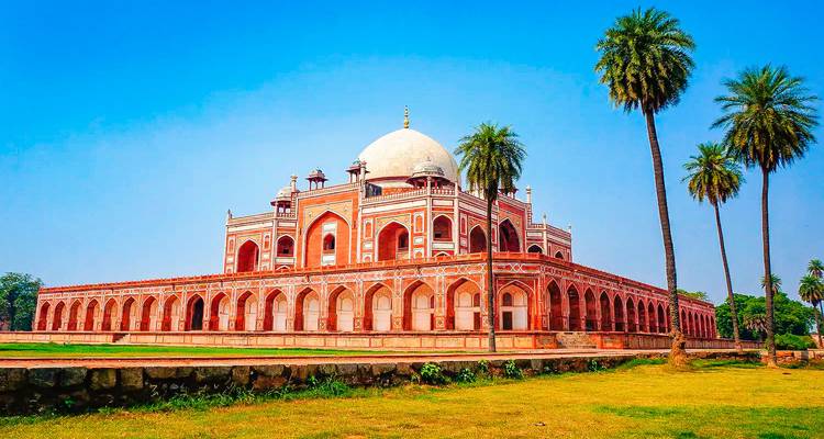 Humayun's Tomb in New Delhi with palm trees.