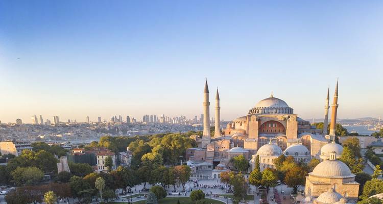 Luchtfoto van een grote moskee omringd door het stadslandschap.