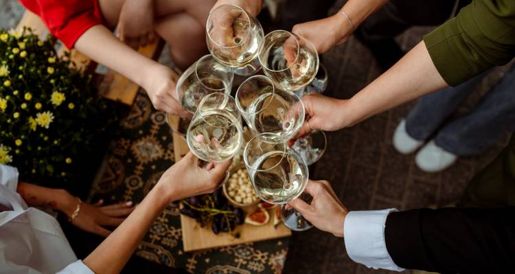 Personas brindando con copas de vino al aire libre.