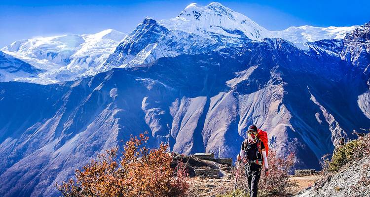 Un randonneur sur un sentier avec de magnifiques montagnes enneigées en arrière-plan