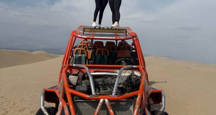 Two travellers standing on the roof of an orange dune buggy amid vast sand dunes