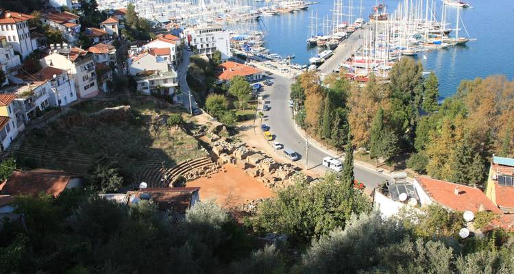 Aerial view of a marina and surrounding town.