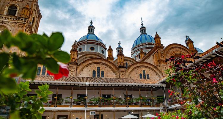 Cathédrale de l'Immaculée Conception de Cuenca avec premier plan floral.