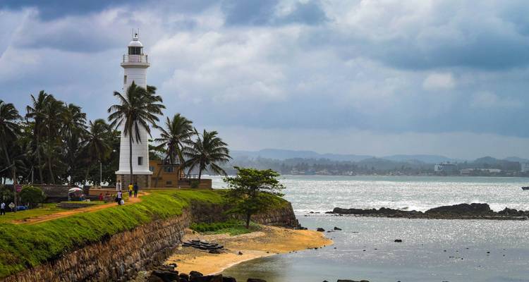 Kustlandschap met een vuurtoren, palmbomen en rotsachtige kustlijn.