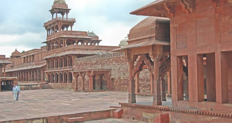 Historic complex with detailed red sandstone structures
