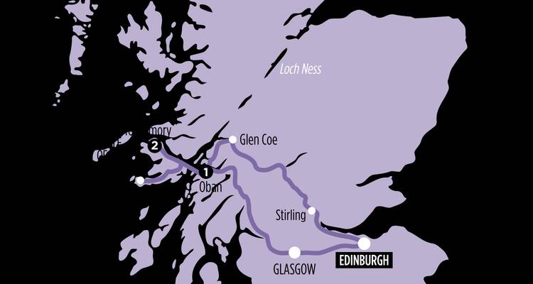 Mapa de ruta turística del oeste de Escocia que comienza en Edimburgo y hace un recorrido circular por Oban y Glen Coe