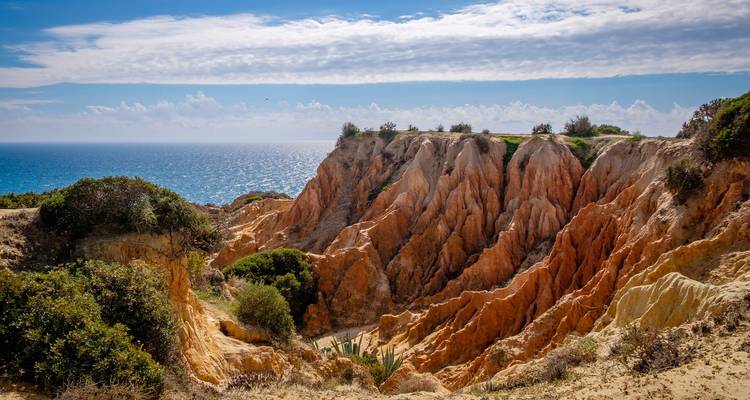 Falaises érodées surplombant l'océan avec un ciel clair.