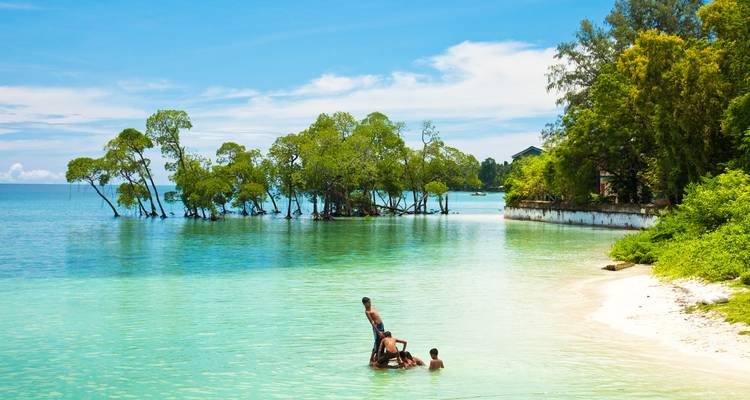 Mer turquoise claire avec des gens qui jouent dans l'eau peu profonde près d'arbres tropicaux.