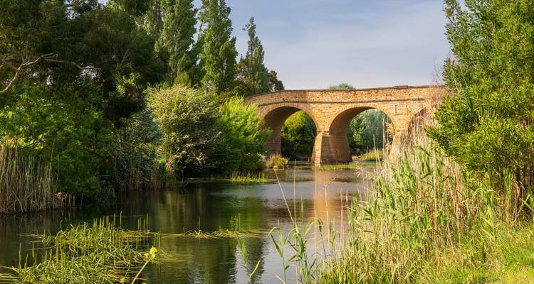 Pont de pierre sur une rivière tranquille entourée de verdure.